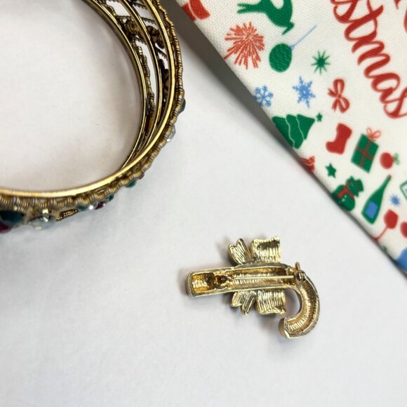 Merry Christmas Pouch W/Gold Bangles & Candy Cane Brooch Set - Picture 5 of 6
